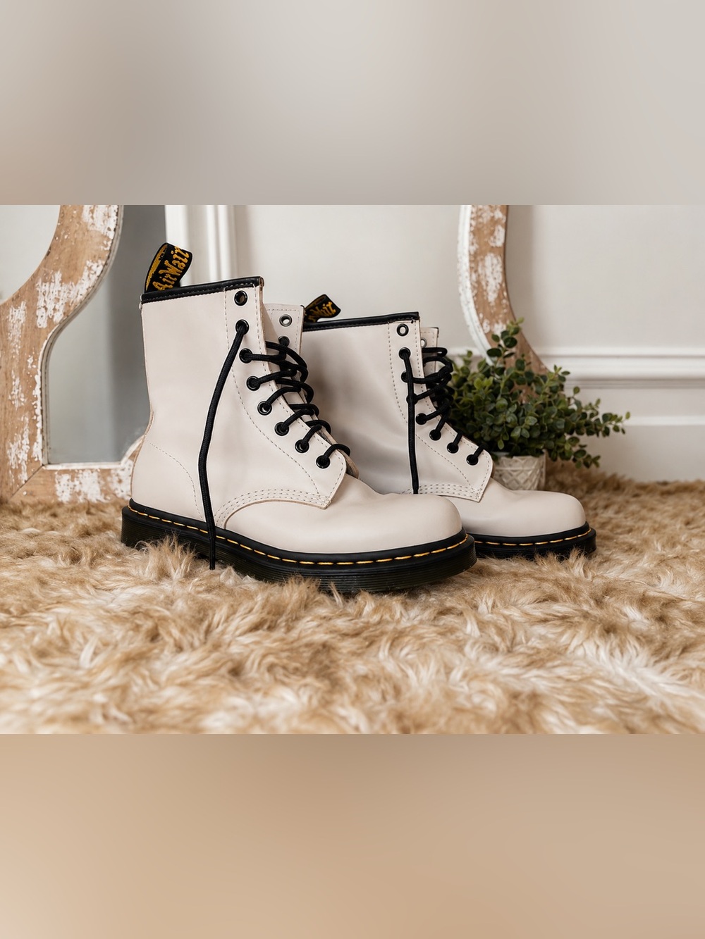 Dr. Martens Cream Lace-Up Combat Boots with Black Laces and Yellow Stitching